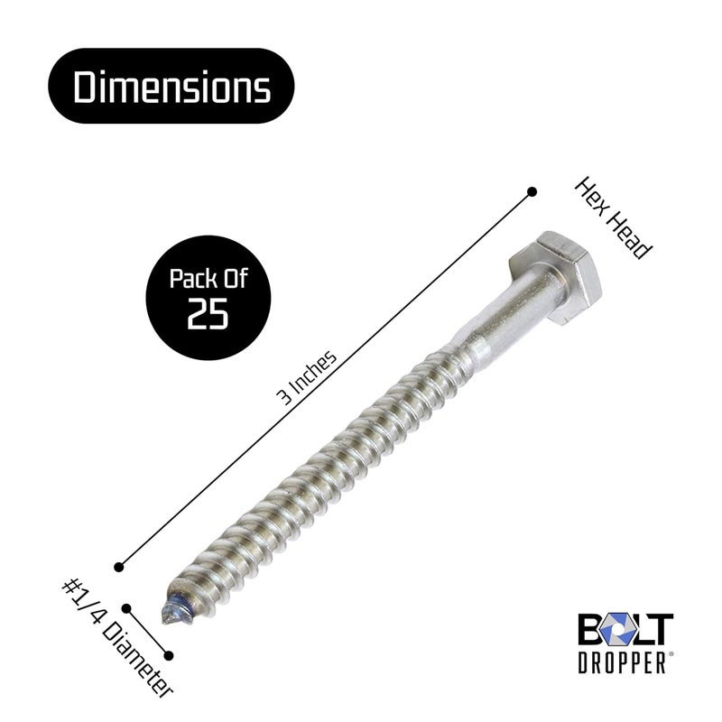 Bolt Dropper 1/4" x 3" Hex Head Lag, (25 Pack), 304 (18-8) Stainless Steel Coach Bolts/Large Screws for Wood with Plain Finish - Image 3