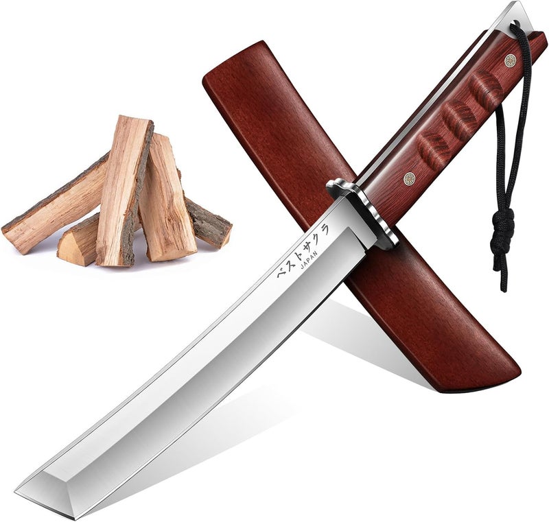 DRGSKL Japanese Fixed Blade Tanto Knife with Wooden Sheath - Survival Knife for Camping and Outdoor Use - Image 1