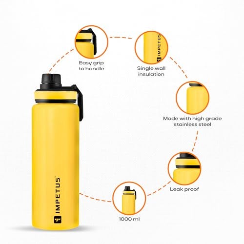IMPETUS Stainless Steel Water Bottle 1L – Sipper Bottle with Carry Handle, Leakproof, Rust-Resistant & Durable, for Men & Women | Gym, School, Office & Daily Use – Yellow - Image 2