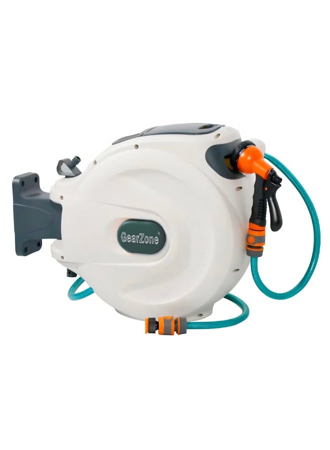 جيرزون بكرة خرطوم حديقة جير زون، بكرة خرطوم مياه بطول 20 مترًا، بكرة خرطوم قابلة للسحب تُثبّت على الحائط مع تخزين مغلق، قفل لأي طول لسقي الحديقة - أبيض - Image 1