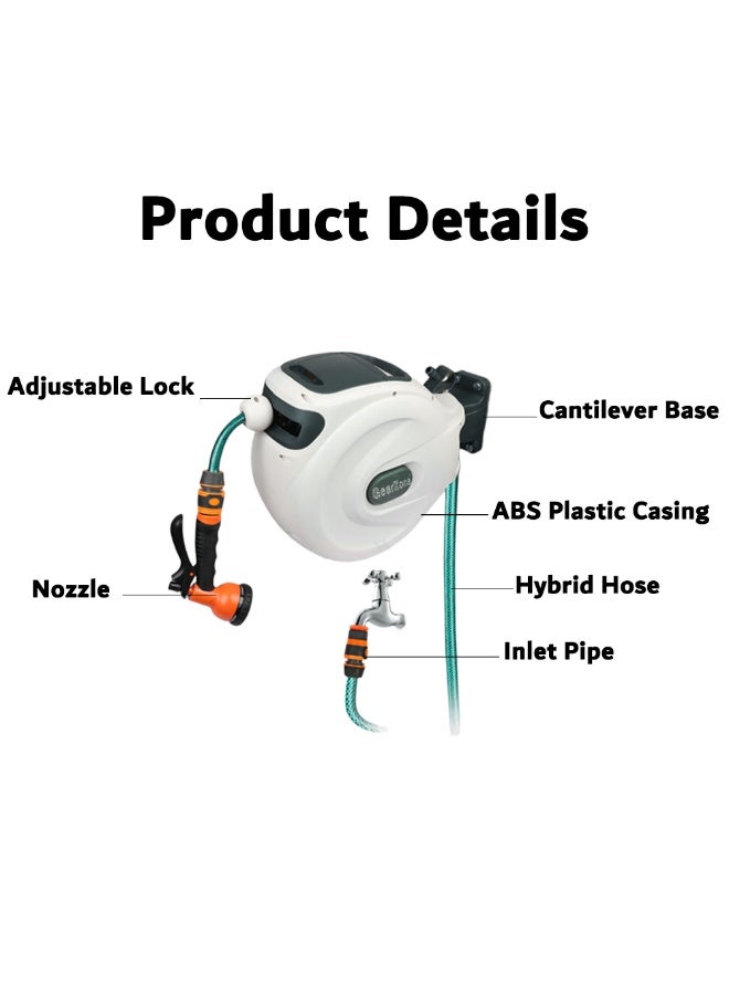 جيرزون بكرة خرطوم حديقة جير زون، بكرة خرطوم مياه بطول 20 مترًا، بكرة خرطوم قابلة للسحب تُثبّت على الحائط مع تخزين مغلق، قفل لأي طول لسقي الحديقة - أبيض - Image 2