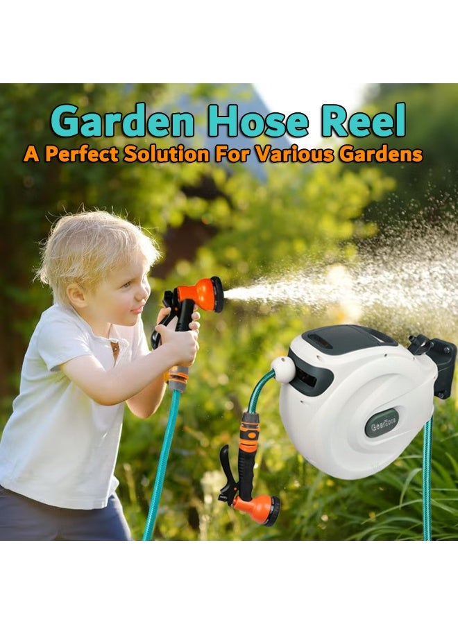 جيرزون بكرة خرطوم حديقة جير زون، بكرة خرطوم مياه بطول 20 مترًا، بكرة خرطوم قابلة للسحب تُثبّت على الحائط مع تخزين مغلق، قفل لأي طول لسقي الحديقة - أبيض - Image 3