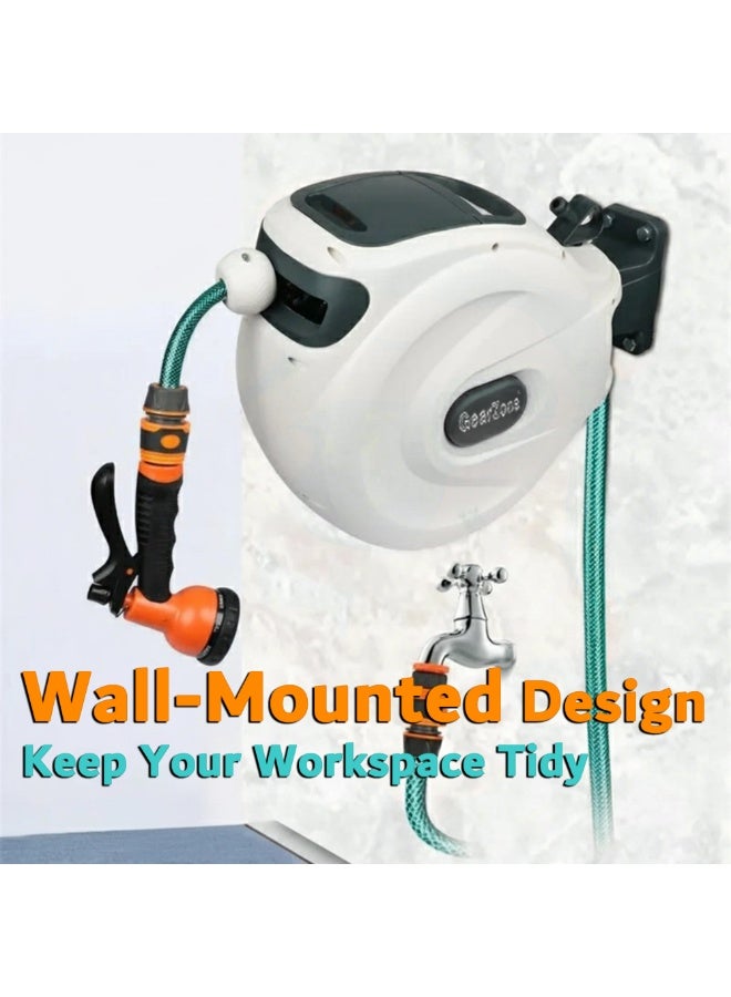 جيرزون بكرة خرطوم حديقة جير زون، بكرة خرطوم مياه بطول 20 مترًا، بكرة خرطوم قابلة للسحب تُثبّت على الحائط مع تخزين مغلق، قفل لأي طول لسقي الحديقة - أبيض - Image 5