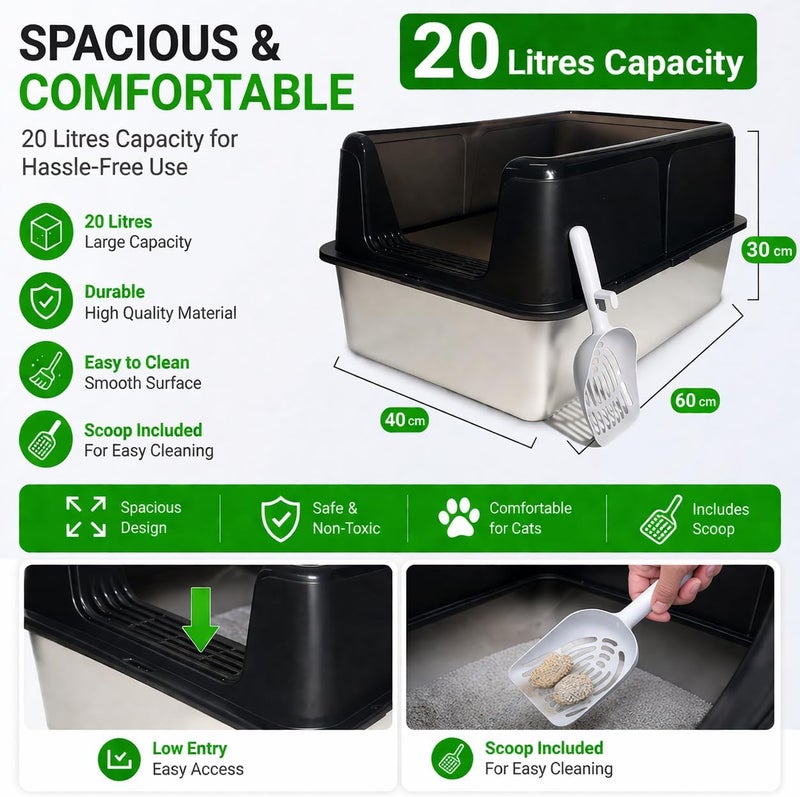 MAMATOONS XXL Stainless Steel Cat Litter Box With Extra High Splash Guard and Anti-Tracking Foot Pad and Scoop, Open Litter Box for Cats Non-Stick, Rust-Proof, Odor-Free 60x40x30cm - Image 2