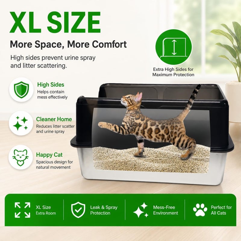 MAMATOONS XXL Stainless Steel Cat Litter Box With Extra High Splash Guard and Anti-Tracking Foot Pad and Scoop, Open Litter Box for Cats Non-Stick, Rust-Proof, Odor-Free 60x40x30cm - Image 3