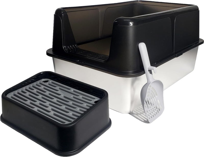 MAMATOONS XXL Stainless Steel Cat Litter Box With Extra High Splash Guard and Anti-Tracking Foot Pad and Scoop, Open Litter Box for Cats Non-Stick, Rust-Proof, Odor-Free 60x40x30cm - Image 1