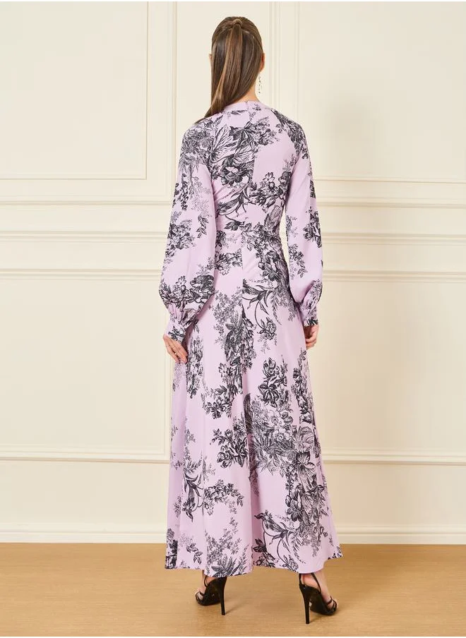 Styli Printed Long Sleeves Bodycon Maxi Dress