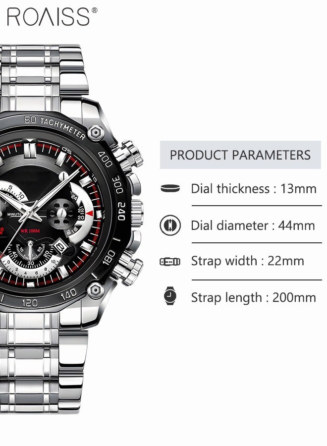 roaiss Men's Stainless Steel Strap Quartz Watch Analog Display Round Black Dial with Decorative Small Dials Waterproof Luminous Wristwatch as Gift for Men - Image 5