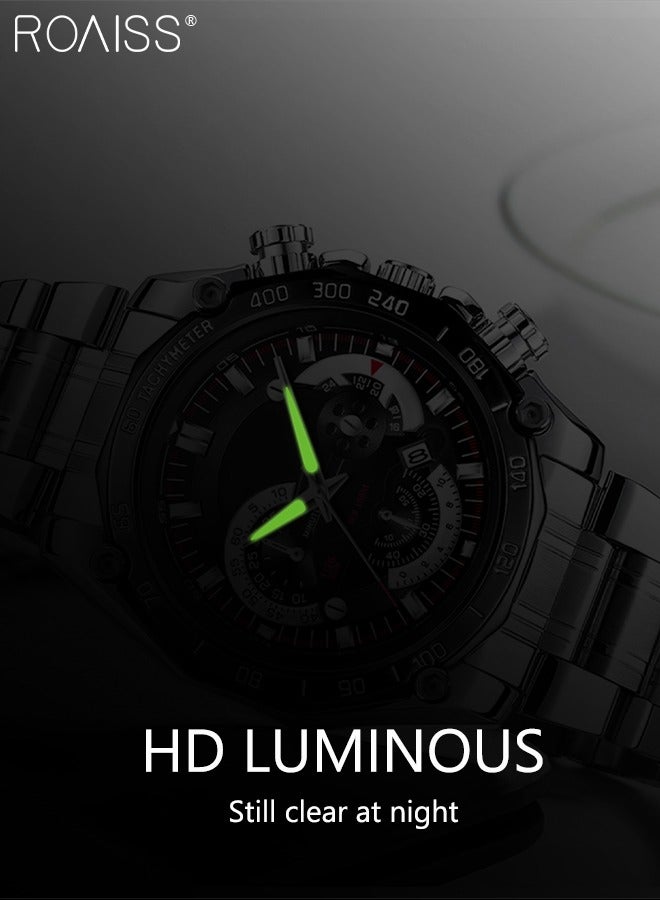 roaiss Men's Stainless Steel Strap Quartz Watch Analog Display Round Black Dial with Decorative Small Dials Waterproof Luminous Wristwatch as Gift for Men - Image 4