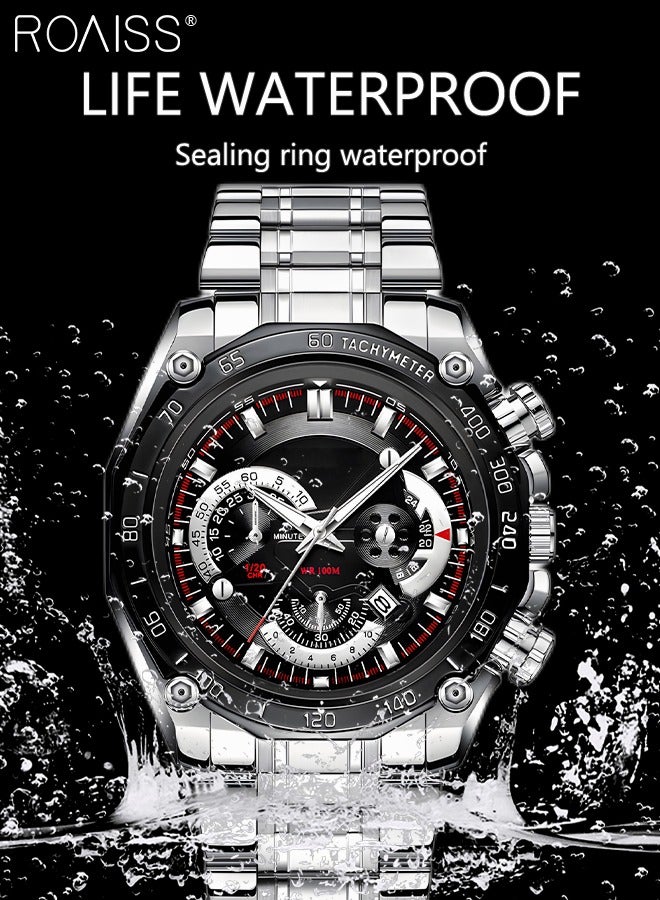 roaiss Men's Stainless Steel Strap Quartz Watch Analog Display Round Black Dial with Decorative Small Dials Waterproof Luminous Wristwatch as Gift for Men - Image 3