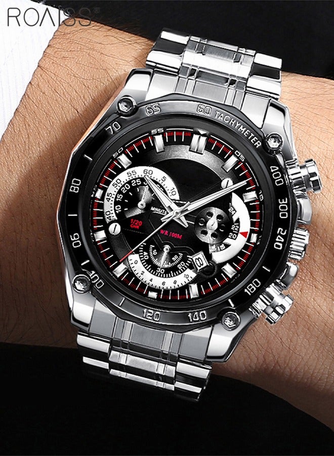 roaiss Men's Stainless Steel Strap Quartz Watch Analog Display Round Black Dial with Decorative Small Dials Waterproof Luminous Wristwatch as Gift for Men - Image 1