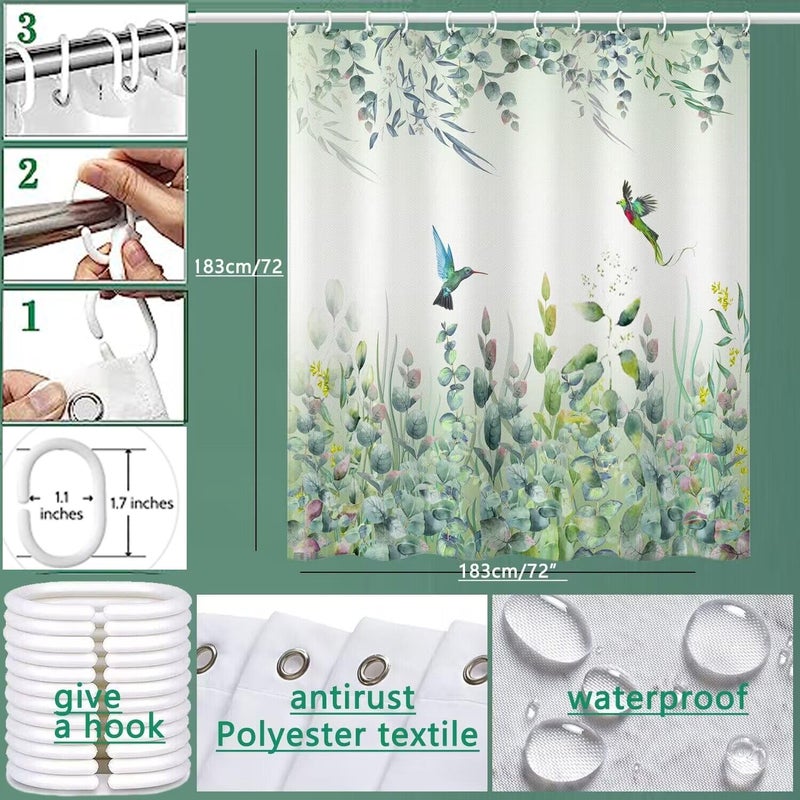 Niidder Green Leaf Shower Curtain, Emerald Bird Mint Green 72 â€œW x 72â€ L with 12 Hooks, Weighted Hem Bathroom Shower Curtain, Hummingbird Shower Curtains Water Resistant - Image 2