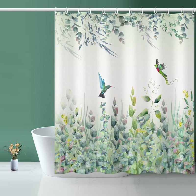 Niidder Green Leaf Shower Curtain, Emerald Bird Mint Green 72 â€œW x 72â€ L with 12 Hooks, Weighted Hem Bathroom Shower Curtain, Hummingbird Shower Curtains Water Resistant - Image 1