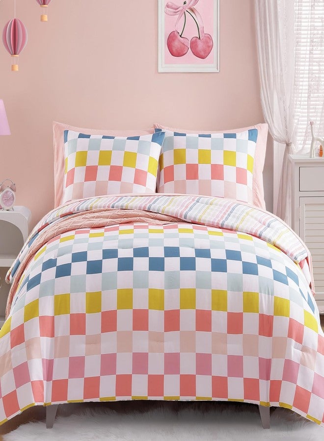 Wink Deer Twin Comforter Set for Girls-5 Pieces Colorful Check Twin Bedding Sets for Kids, Ultra Soft Bed in A Bag with Sheets - Image 1