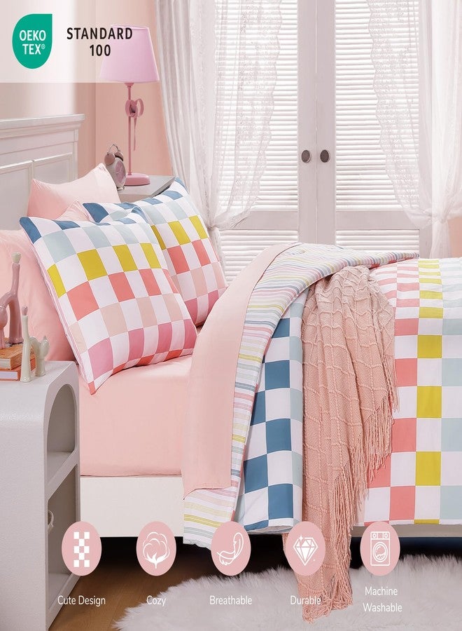 Wink Deer Twin Comforter Set for Girls-5 Pieces Colorful Check Twin Bedding Sets for Kids, Ultra Soft Bed in A Bag with Sheets - Image 3