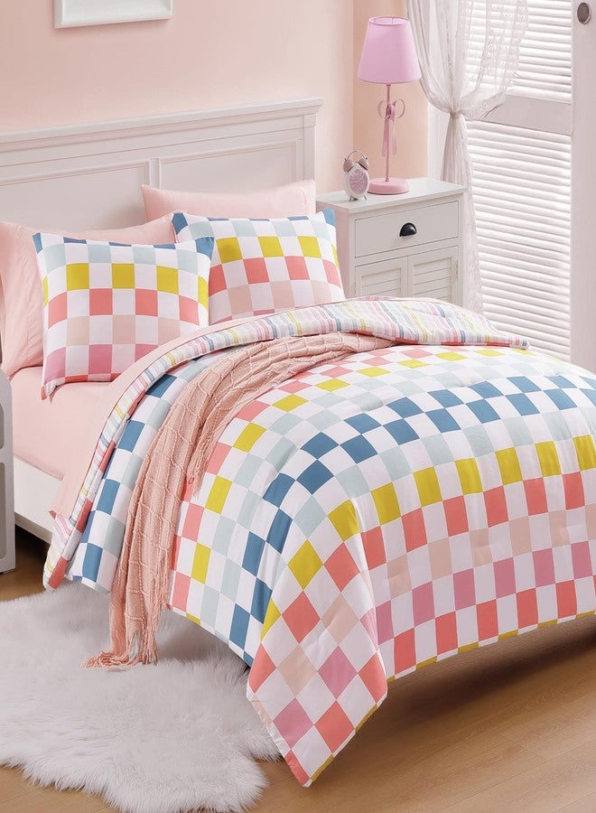 Wink Deer Twin Comforter Set for Girls-5 Pieces Colorful Check Twin Bedding Sets for Kids, Ultra Soft Bed in A Bag with Sheets - Image 2