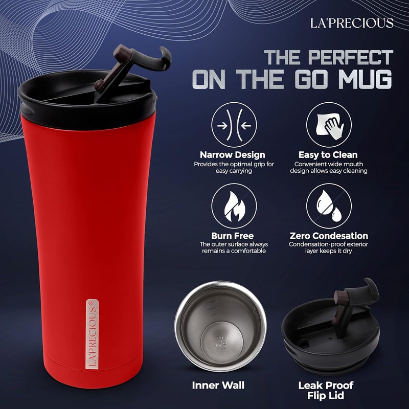 LA' PRECIOUS LA’ PRECIOUS Travel Coffee Mug 500 ml, Vacuum Insulated Stainless Steel Tumbler, Double Walled, Thermo Coffee Cup (FIRE RED) - Image 4