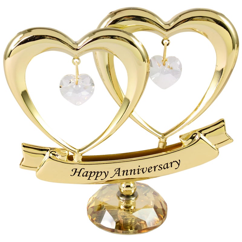 matashi Matashi 24K Gold Plated Beautiful Happy Anniversary Double Heart Table Top Ornament Made with Genuine Clear Crystals with Crystal Base - Anniversary Present & Cake Topper - Image 1
