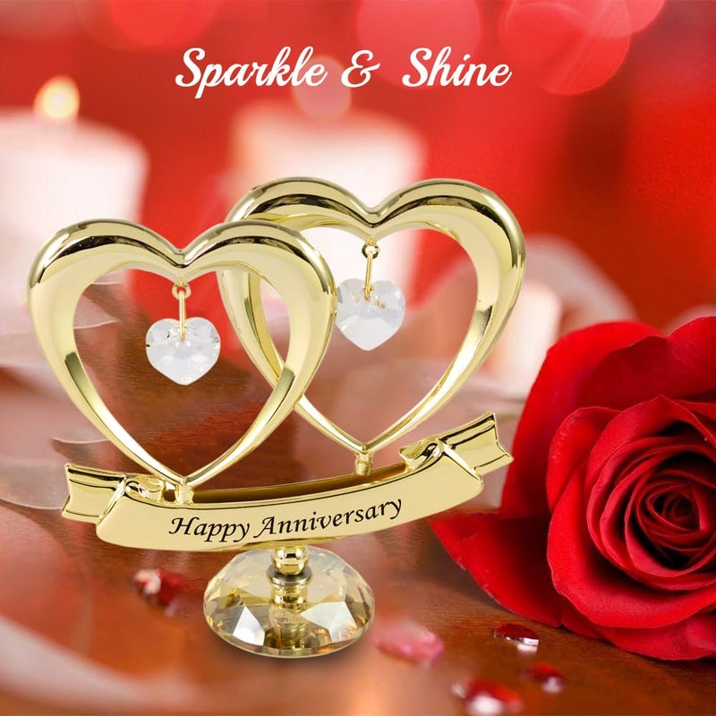 matashi Matashi 24K Gold Plated Beautiful Happy Anniversary Double Heart Table Top Ornament Made with Genuine Clear Crystals with Crystal Base - Anniversary Present & Cake Topper - Image 4