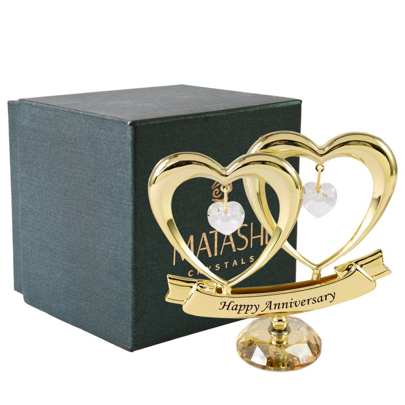 matashi Matashi 24K Gold Plated Beautiful Happy Anniversary Double Heart Table Top Ornament Made with Genuine Clear Crystals with Crystal Base - Anniversary Present & Cake Topper - Image 2