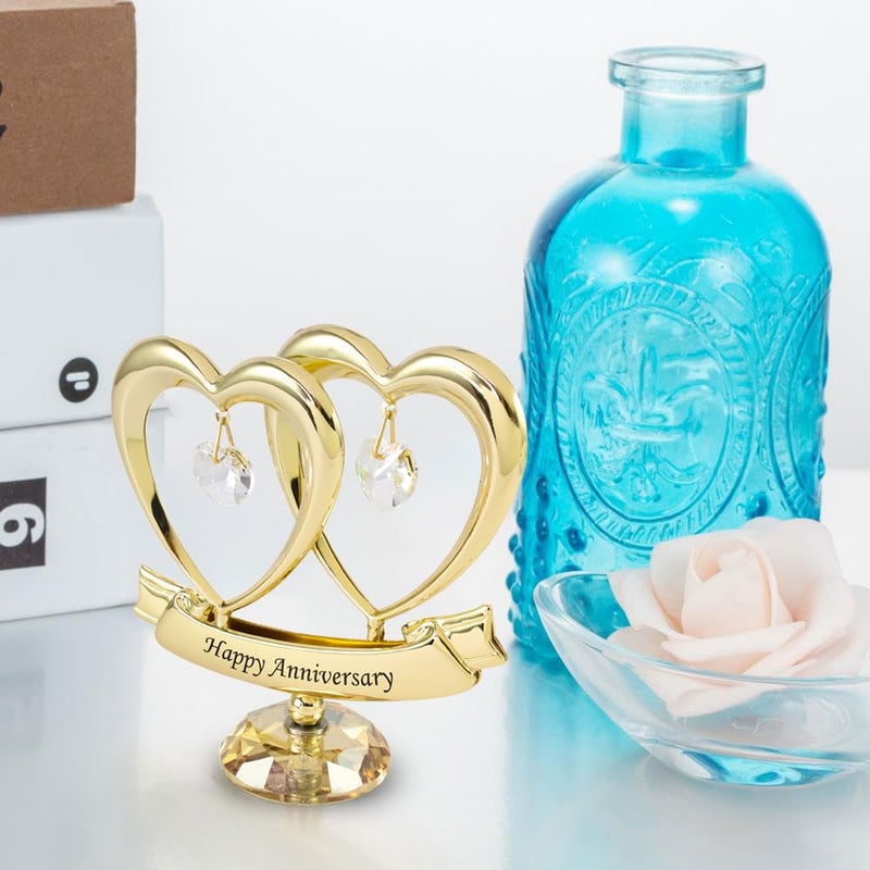matashi Matashi 24K Gold Plated Beautiful Happy Anniversary Double Heart Table Top Ornament Made with Genuine Clear Crystals with Crystal Base - Anniversary Present & Cake Topper - Image 3