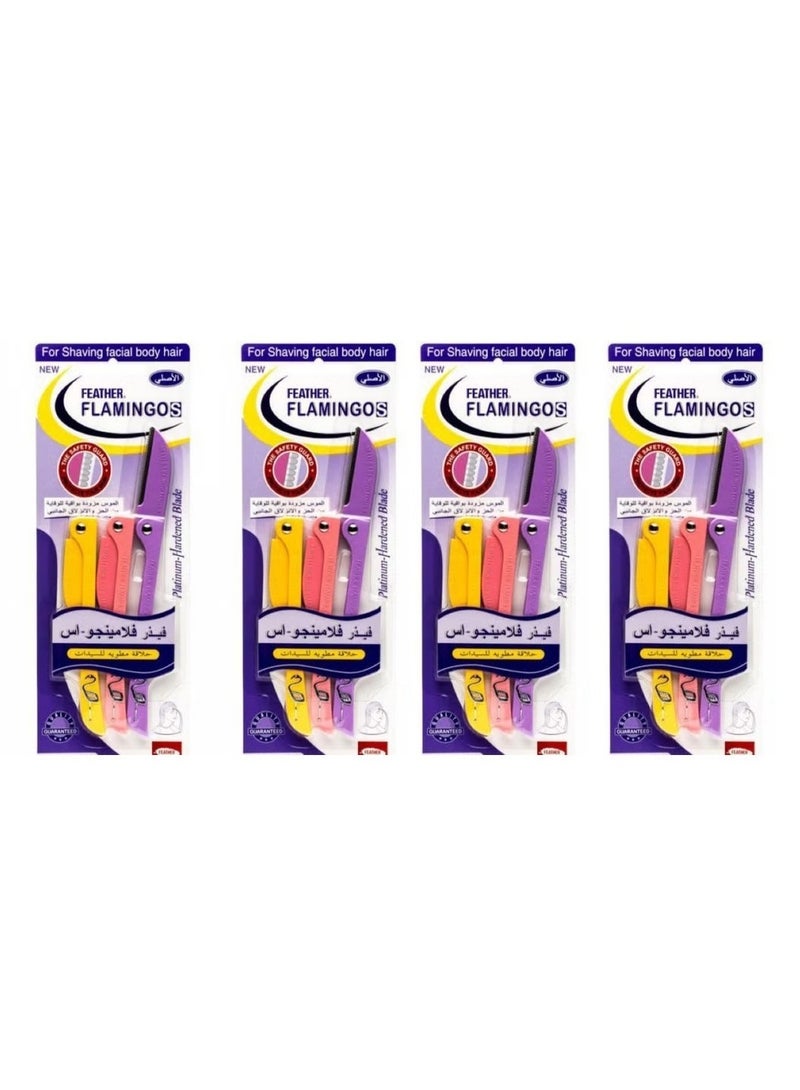 4pcs Flamingos Ladies Razor 3-Piece For Facial And Body Hair Yellow/Pink/Purple