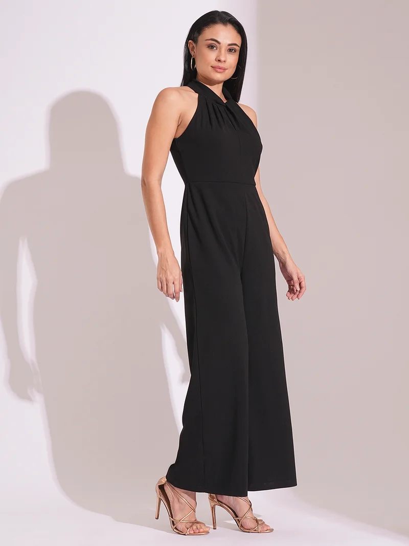 globus Women Twisted Pleated Detail Keyhole Halter Neck Wide Leg Workwear Jumpsuit