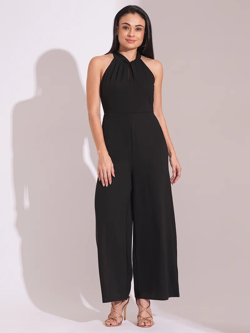 globus Women Twisted Pleated Detail Keyhole Halter Neck Wide Leg Workwear Jumpsuit