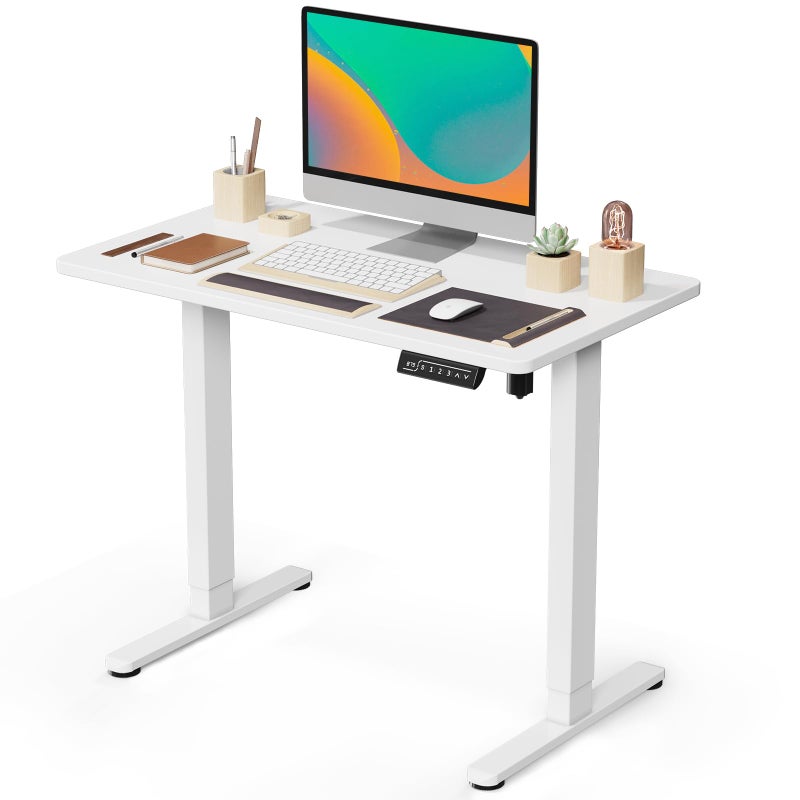 JOY worker Small Electric Standing Desk 35 x 20 Whole Piece Height Adjustable Desk with Memory Controller White Sit to Stand Desk Workstation for Home Office