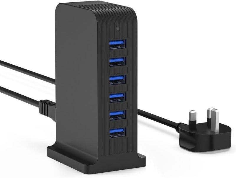 في اتش بي دبليو محطة شحن USB بستة منافذ ، شاحن متعدد الأجهزة بقدرة 25 واط، شحن سريع وآمن لأجهزة iPhone وSamsung وغيرها (أسود) - Image 1