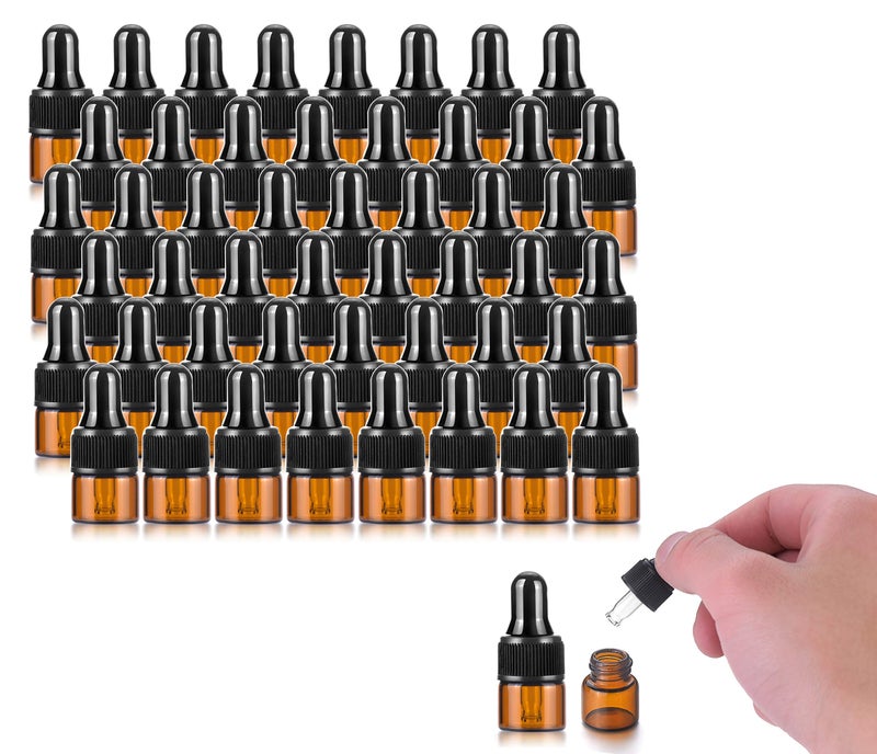 USRommaner 50 Pack 1ml Amber Glass Dropper Vial for Essential Oils Empty Glass Eye Dropper Bottle With Black Screw Cap