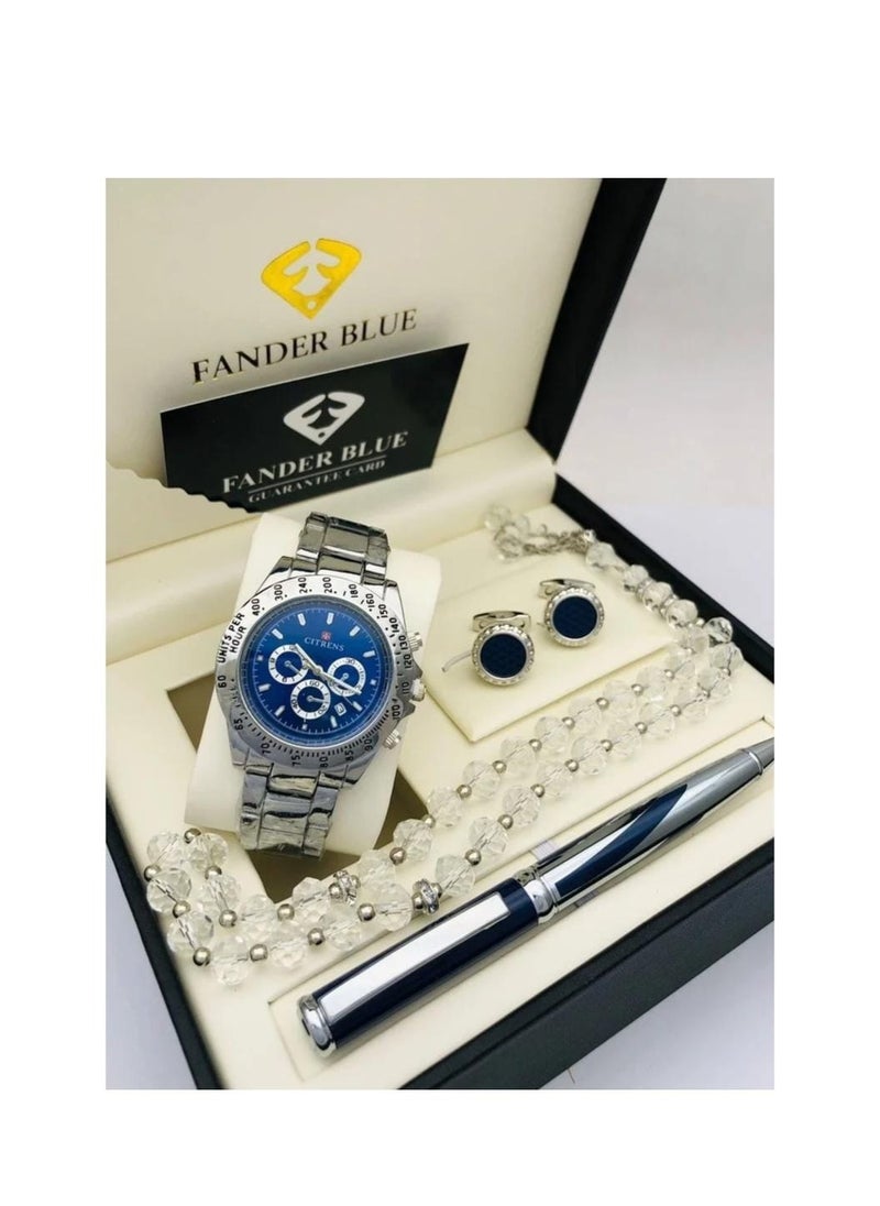 FANDER BLUE 4-Piece Watch Gift Set for Men (Wristwatch with Pen, Set of Buttons and Rosary) 