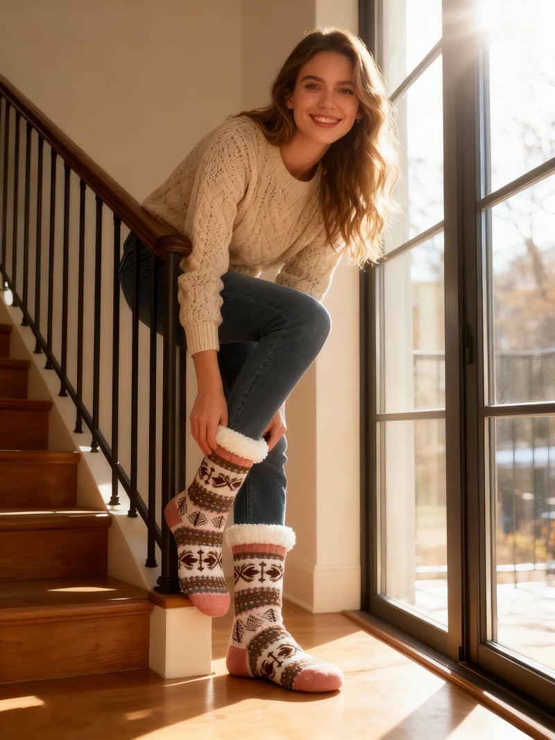 Cozylook Slipper Socks for Women Non-Slip Grippers Thermal Fuzzy Sherpa Socks Winter Warm Size S/M - Image 3