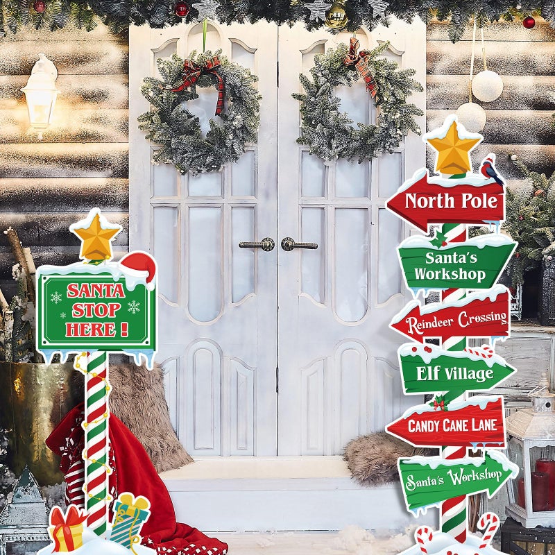 Capoda 7 Pcs Christmas North Pole Yard Signs Christmas Party Welcome Sign Stakes Xmas Santa Workshop Standing Signs for Winter Holiday Christmas Outdoor Lawn Patio Yard Garden Home Decor Ornament - Image 1