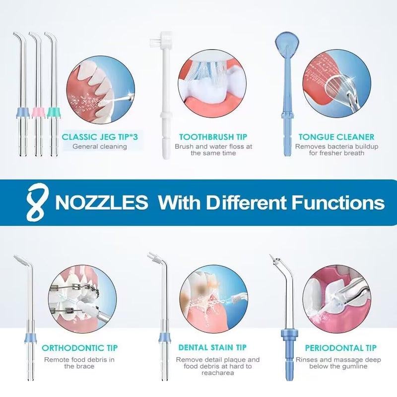 TUREWELL فلاسر الأسنان المائي TUREWELL FC162 للأسنان/التقويم، 10 مستويات ضغط، 8 رؤوس نفاثة مائية للعائلة، 600 مل جهاز تنظيف الأسنان الكهربائي (أبيض) - Image 3