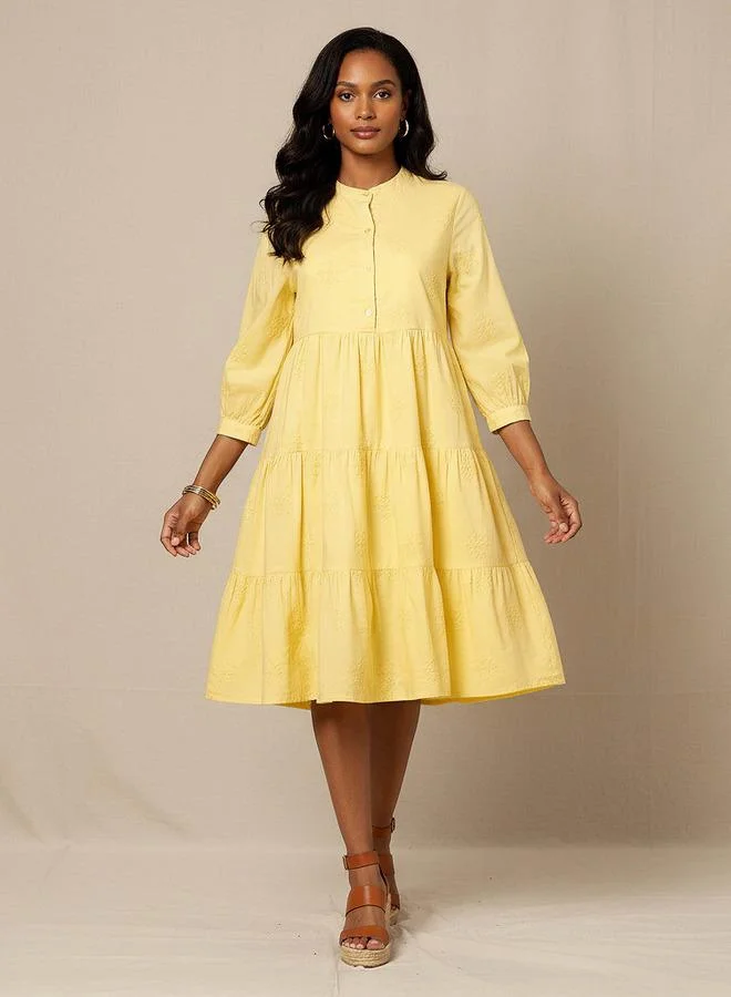 Splash FAV Embroidered Tiered Women Dress with Mandarin Collar Cotton