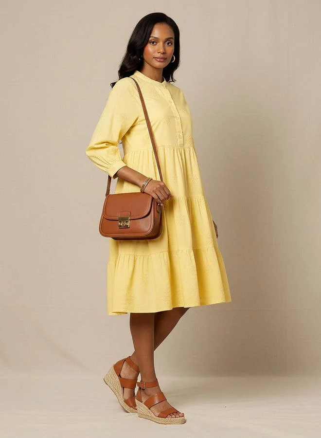 Splash FAV Embroidered Tiered Women Dress with Mandarin Collar Cotton