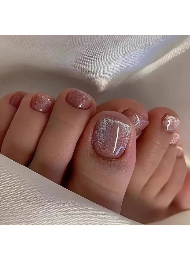 Goolsky Premium Short Square Toenail Press-ons with Nude Pink Cat Eye & Glitter for Subtle Glam - Image 1
