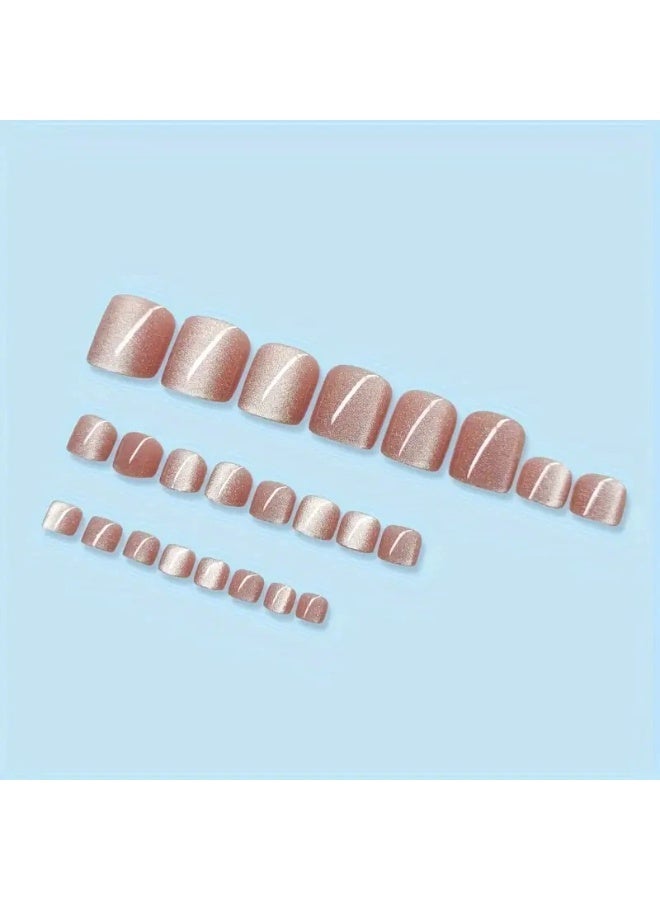 Goolsky Premium Short Square Toenail Press-ons with Nude Pink Cat Eye & Glitter for Subtle Glam - Image 3
