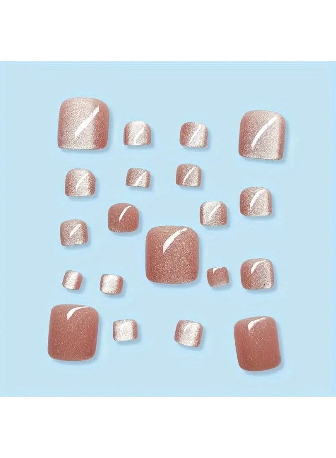 Goolsky Premium Short Square Toenail Press-ons with Nude Pink Cat Eye & Glitter for Subtle Glam - Image 4