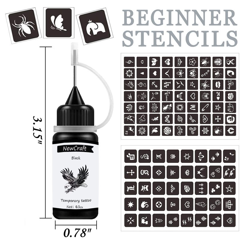 NewCraft Temporary Art Painting Kit Semi Permanent Tattoo Ink Freehand Gel 103 Pcs Free Stencils, DIY Fake Freckles, Full Kit 3 Bottles (Black+Red+Brown) - Image 2