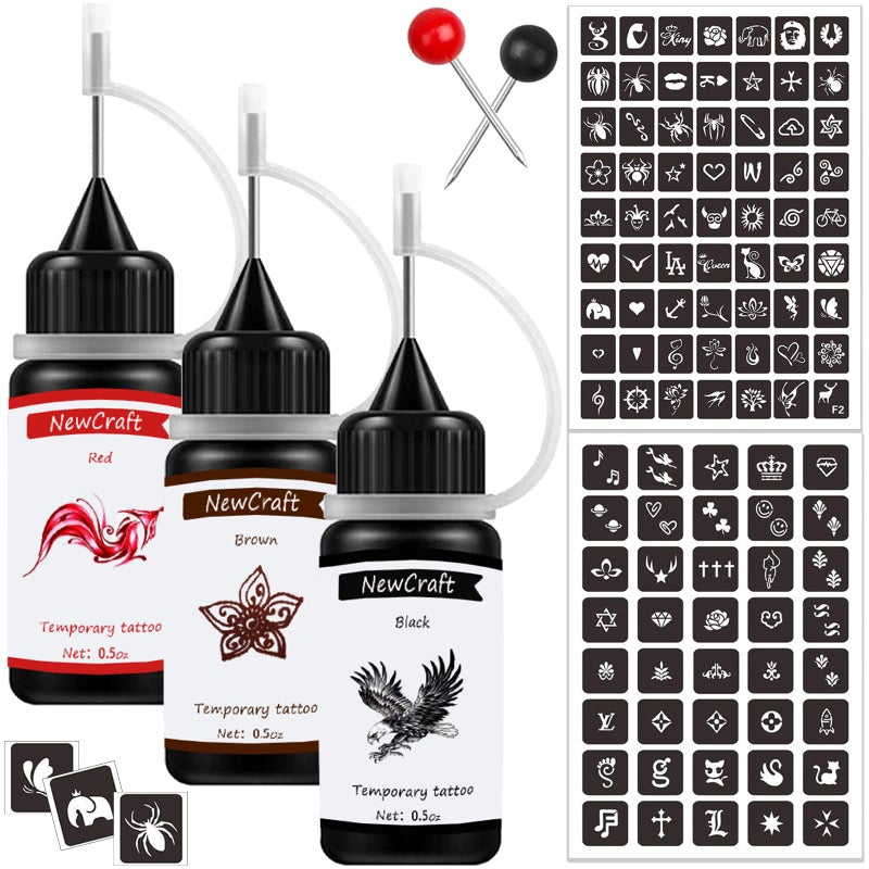NewCraft Temporary Art Painting Kit Semi Permanent Tattoo Ink Freehand Gel 103 Pcs Free Stencils, DIY Fake Freckles, Full Kit 3 Bottles (Black+Red+Brown) - Image 1