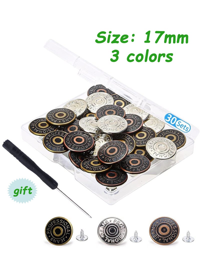 30 Sets 17mm Jeans Replacement Buttons Kit Metal Buttons With Rivets Storage Box Bronze Silver Copper - Image 1