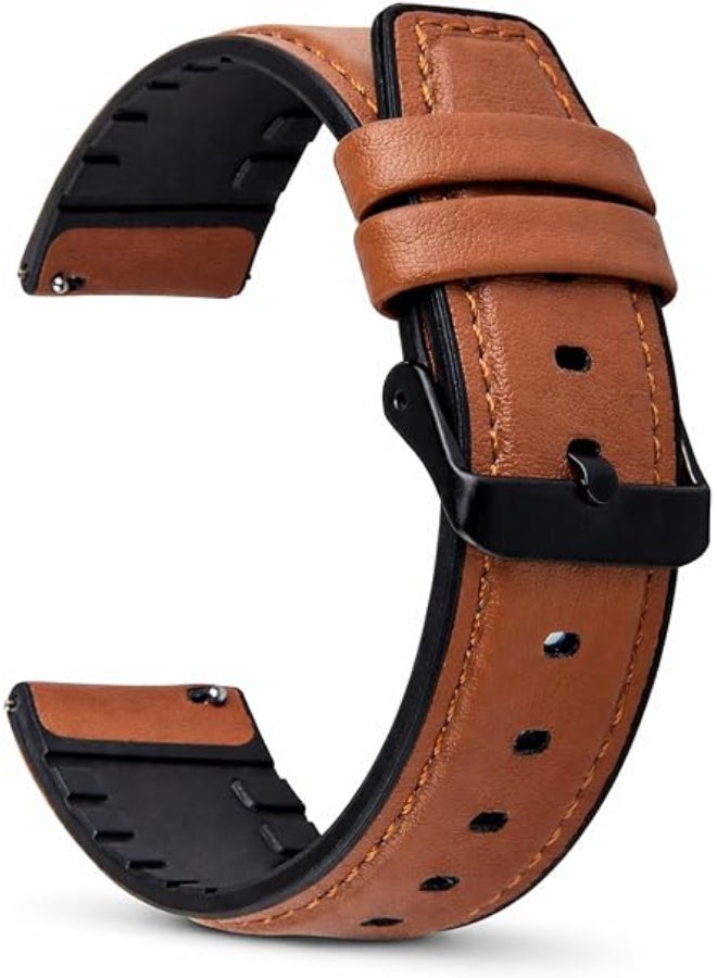 22mm Genuine Leather Watch Band – Replacement Strap with Stainless Steel Buckle – Compatible with Samsung Watch, Huawei Watch, Amazfit & Other Smartwatches Using 22mm Strap (Brown, Black Buckle) - Image 1