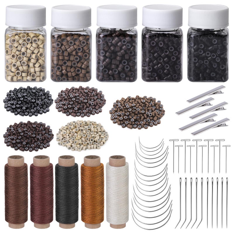 Fedmut 2500 PCS Extension Beads Hair Extension Micro Beads 5 Rolls Sewing Threads 5 Metal Hair Clips Hair Extension Kit for Hair Extensions Hand Sewing Wig DIY Craft