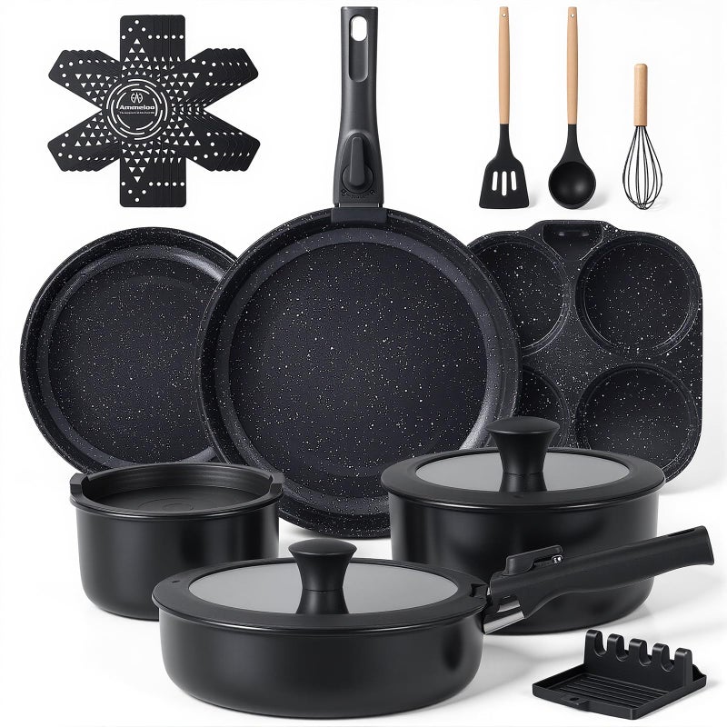 Ammeloo 21-Piece Ceramic Pots and Pans Set Non Stick with Detachable Handles and Egg Frying Pan, Non-Toxic Cookware, Induction Ready, Oven Safe, Stackable for Storage, Black Speckled - Image 1
