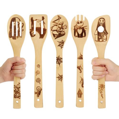 FUTERLY Nightmare Before Christmas Gifts - 5 Pcs Wooden Spoons for Cooking,Halloween Kitchen Utensils Set,Cooking Utensils set for Halloween Decor - Image 1