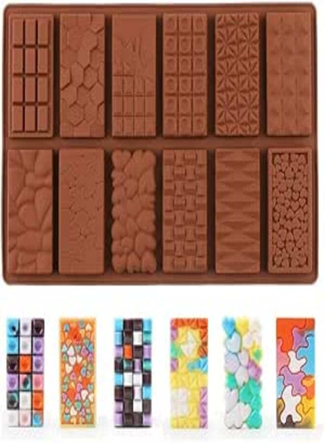 MoldBerry 12 Cavity Different Design Chocolate Bar Mold, Break Apart Chocolate Molds 3D Silicone Mold, Candy Mold, Mousse Cake Mold, for Wax Melts Non Stick Large (Pack of 1)