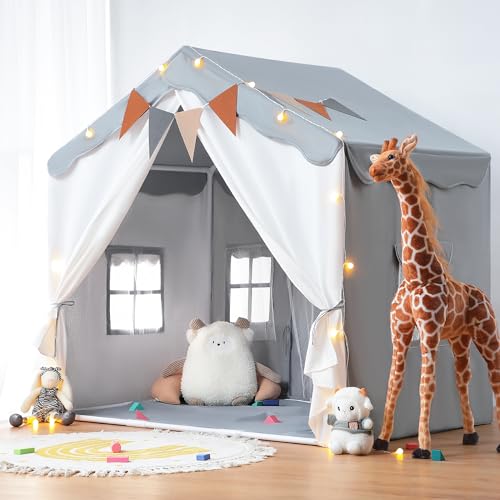 besrey Kids Tent Kids Play Tent 2 in 1 with Padded Mat and Lights Large Playhouse with 2 Doors 4 Windows Indoor Outdoor Halloween Toddler Playhouse 51 x35 x 51 Gray - Image 1