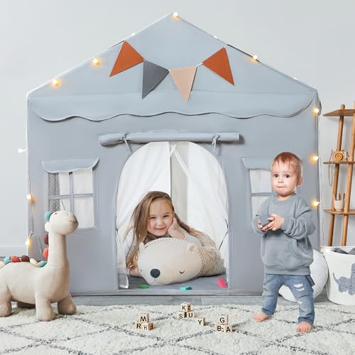 besrey Kids Tent Kids Play Tent 2 in 1 with Padded Mat and Lights Large Playhouse with 2 Doors 4 Windows Indoor Outdoor Halloween Toddler Playhouse 51 x35 x 51 Gray - Image 5